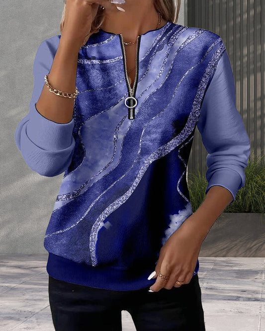 Dorevienne - Vintage Print Half-Zip Casual Sweatshirt